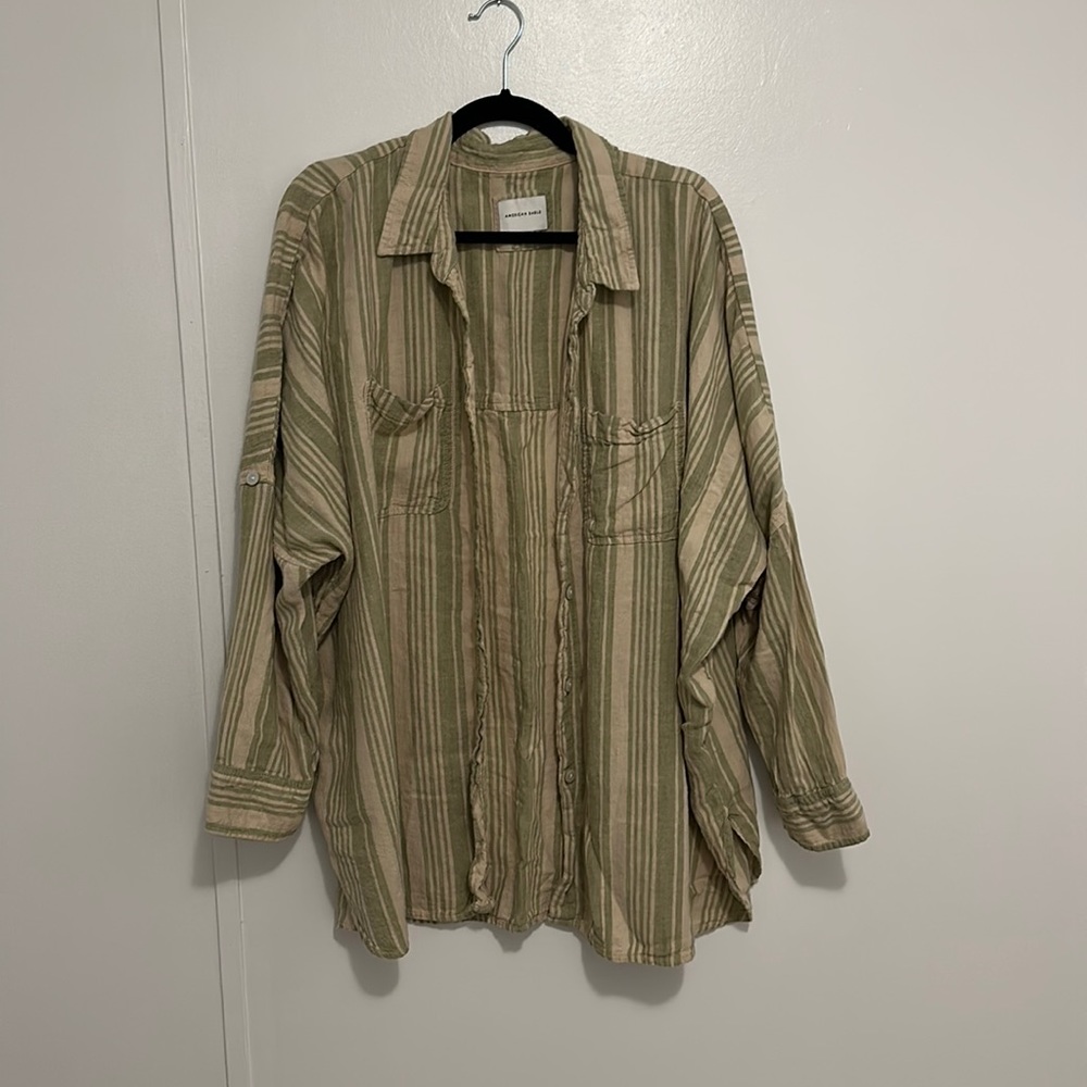 Green striped oversized button down